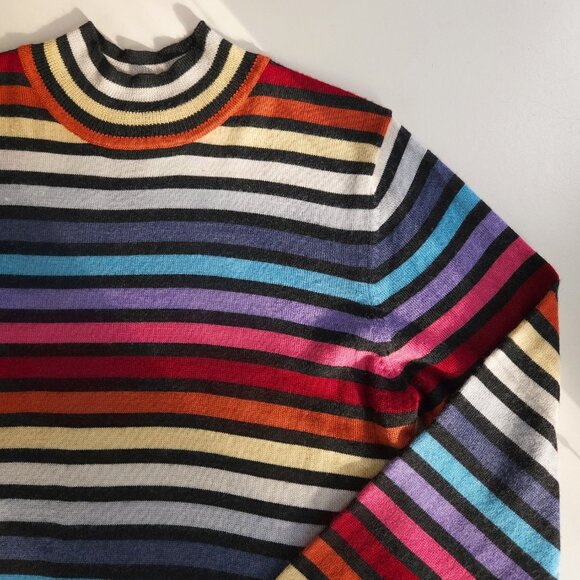 Vintage wool multicolor stripe mock neck fine knit sweater top long sleeve women - Picture 6 of 10